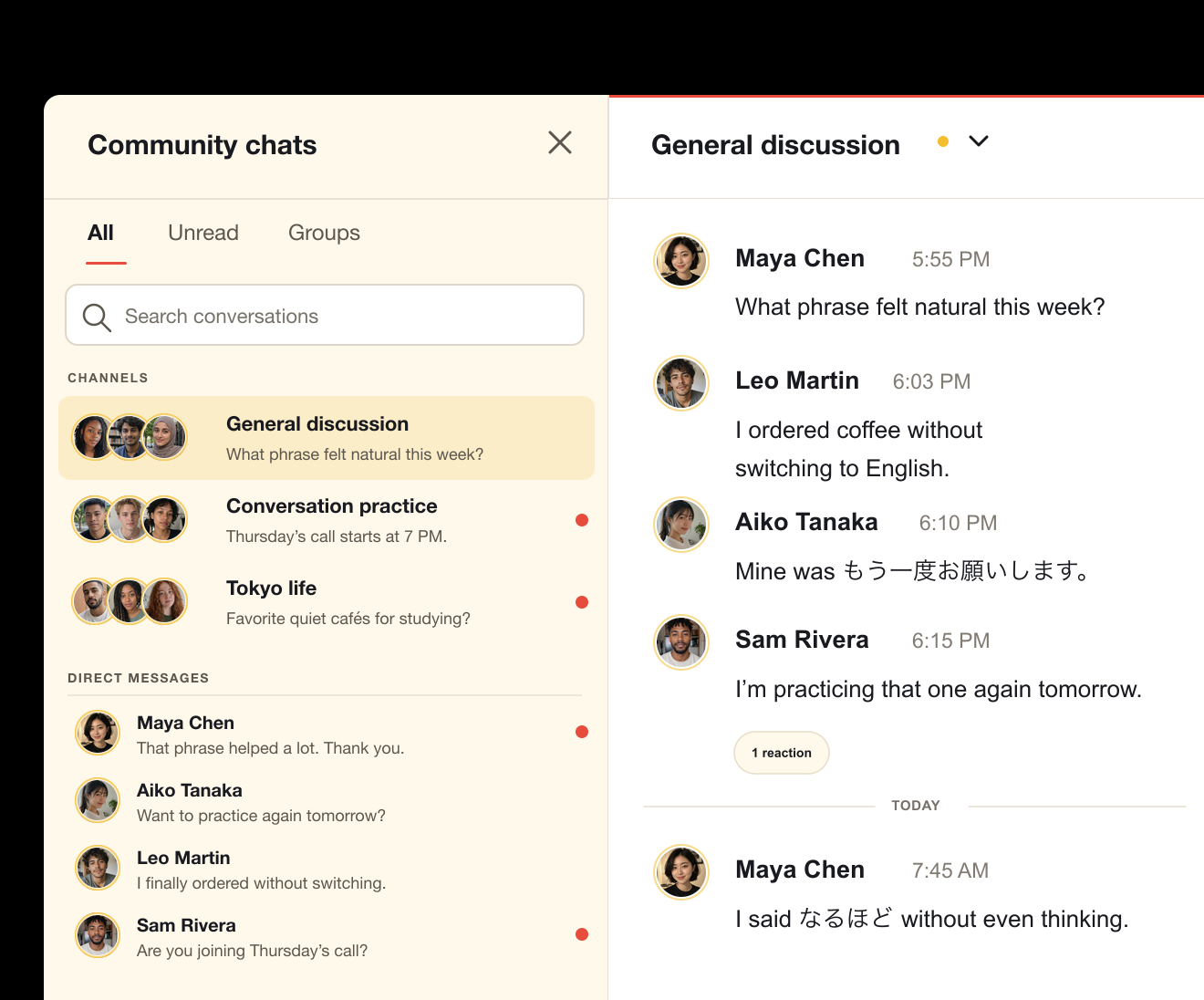 Japanese with Ananya community chats where learners share phrases and practice together